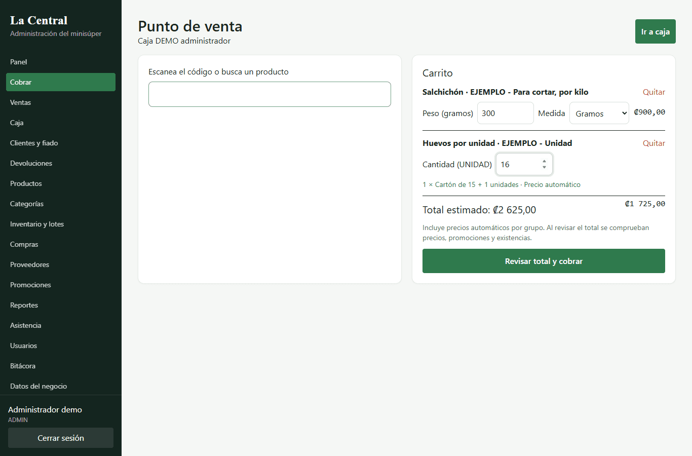 Punto de venta de La Central con una venta por gramos y precio automático por cartón de huevos