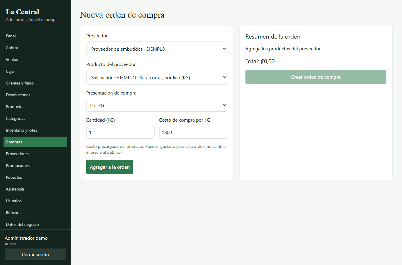 Pedido a proveedor en La Central con productos y costos