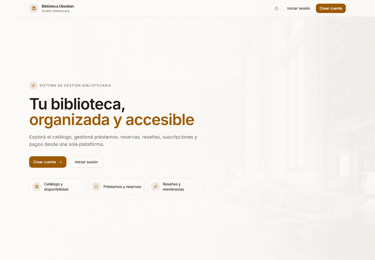 Portada de Obsidian Library con acceso a la plataforma bibliotecaria
