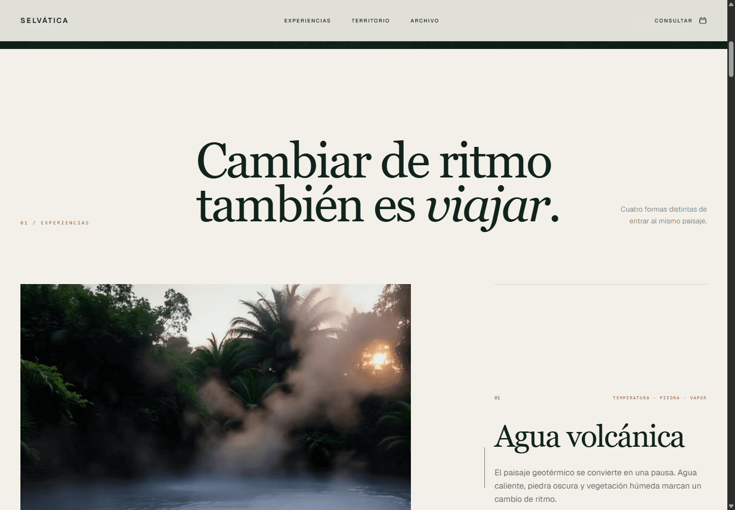 Sección de experiencias de Selvática en escritorio